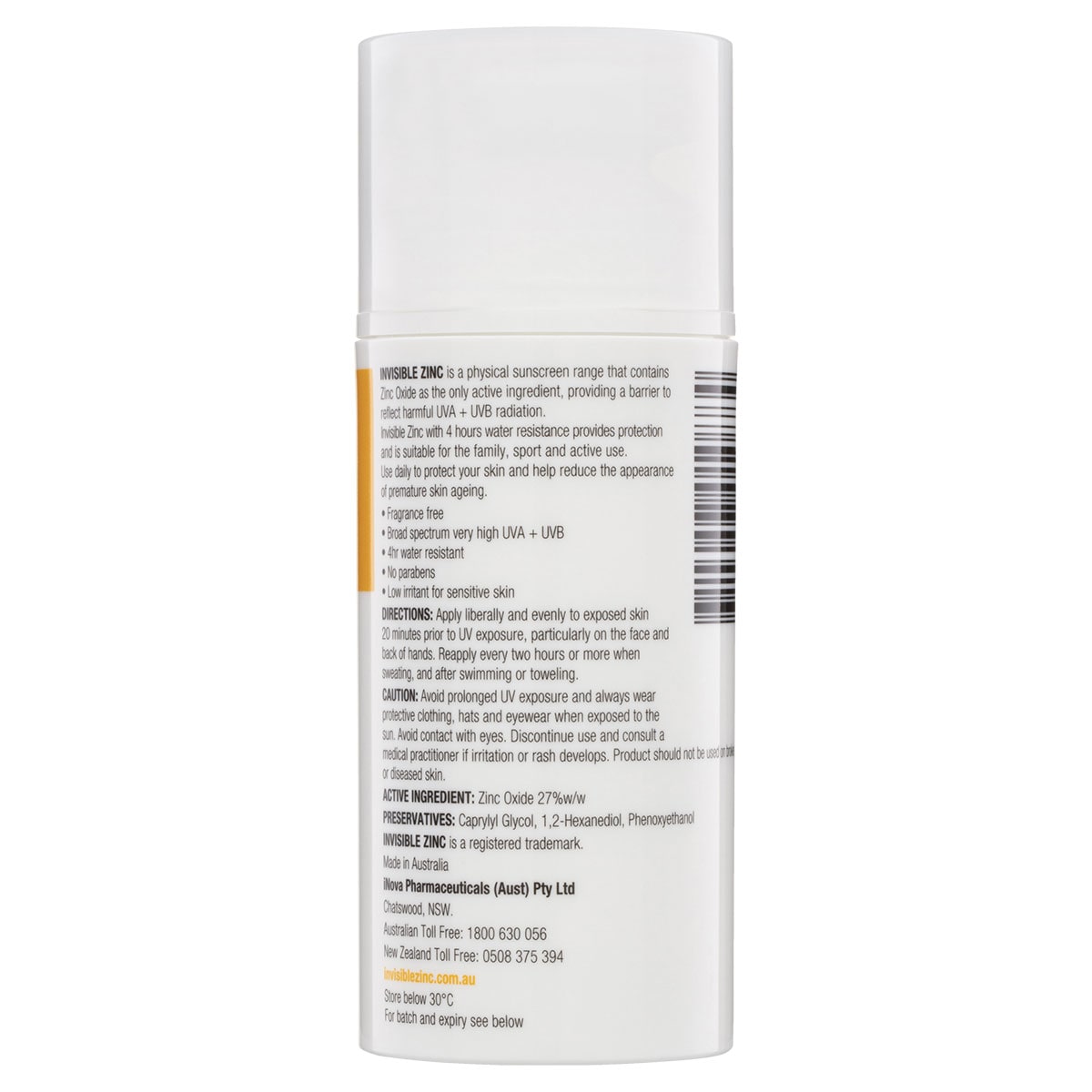 Invisible Zinc Sunscreen 4 Hour Water Resistant SPF50+ 100ml