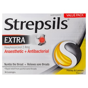 Strepsils Extra Rapid Sore Throat Relief with Anaesthetic Honey & Lemon 36 Lozenges