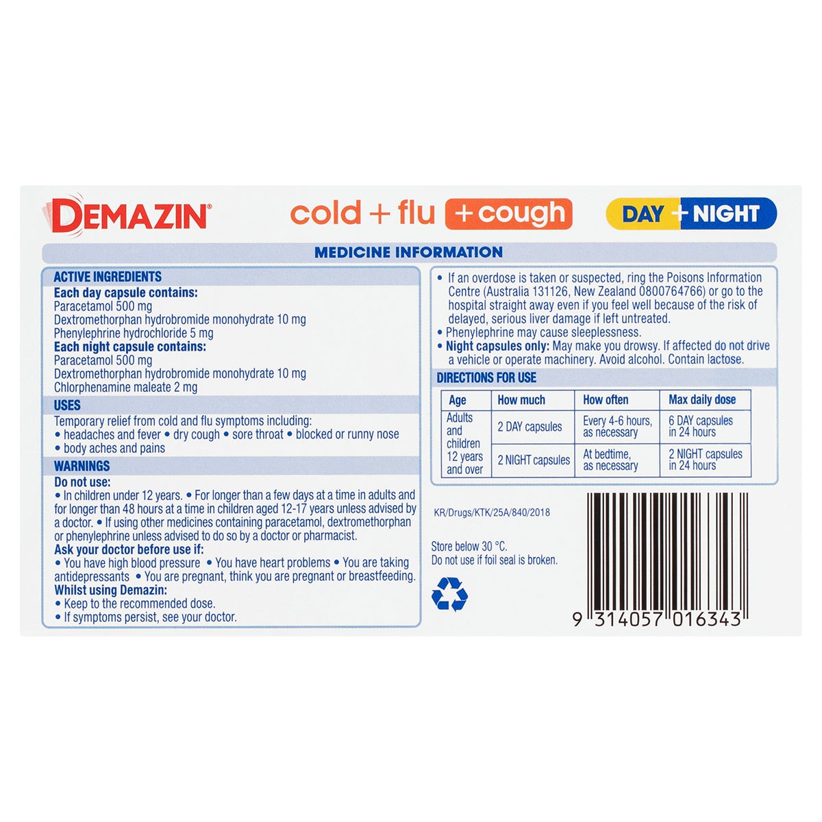 Demazin Cold & Flu + Cough Relief Day & Night 48 Capsules
