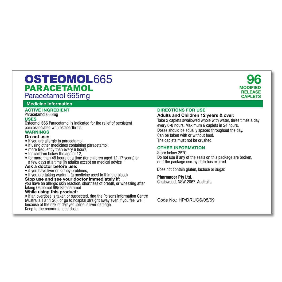 Trust Osteomol Paracetamol 665mg 96 Tablets Bottle Pack