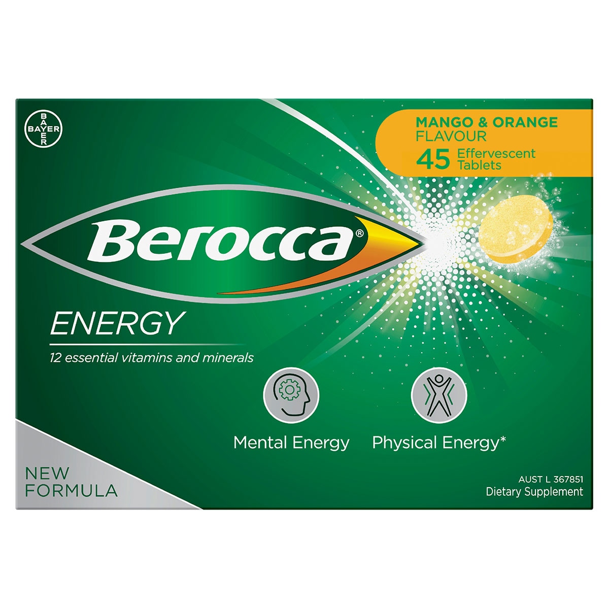 Berocca Energy Mango & Orange 45 Effervescent Tablets Australia