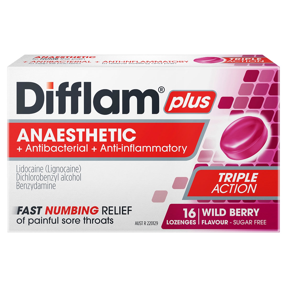 Difflam Plus Anaesthetic Sore Throat Lozenges Berry 16 Pack