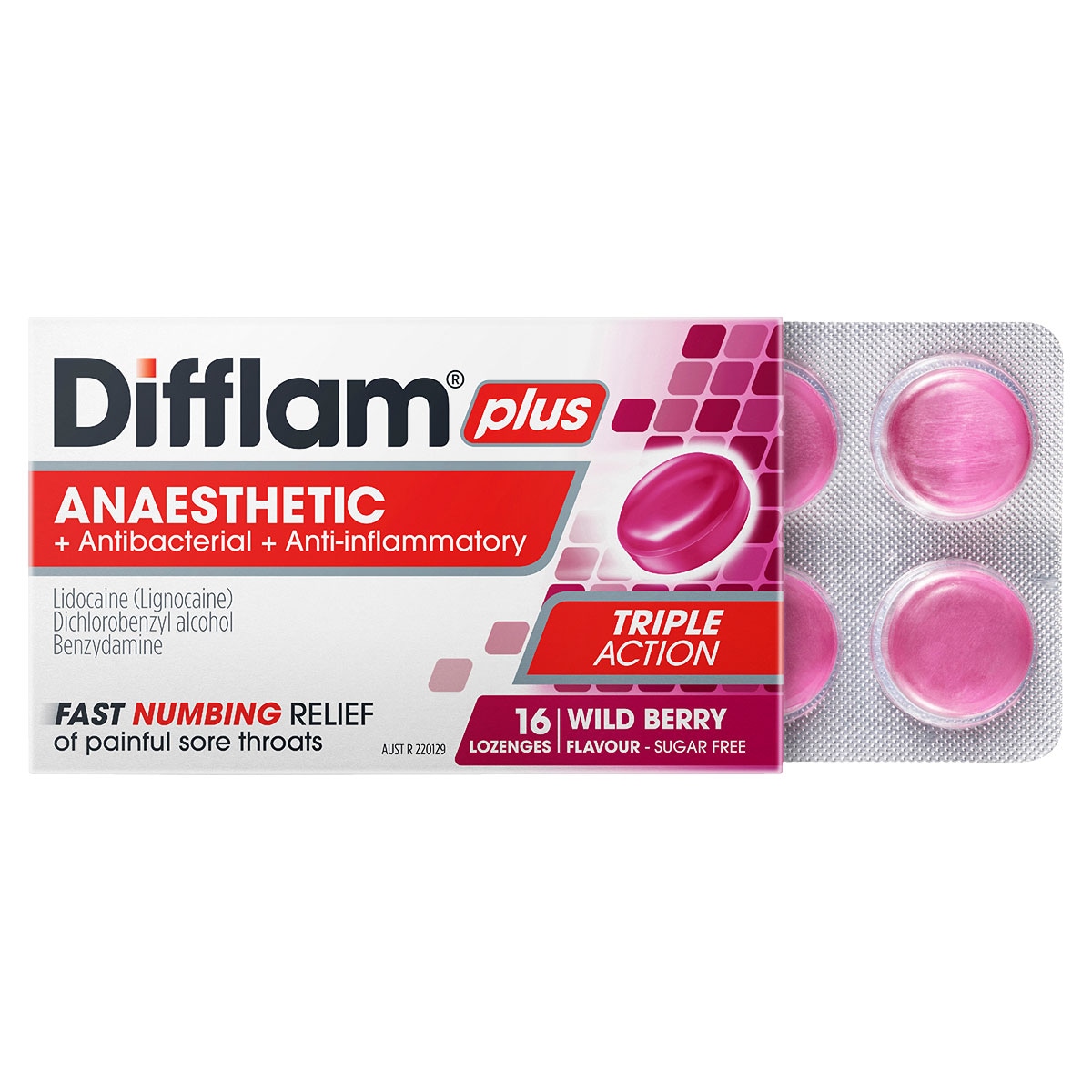 Difflam Plus Anaesthetic Sore Throat Lozenges Berry 16 Pack