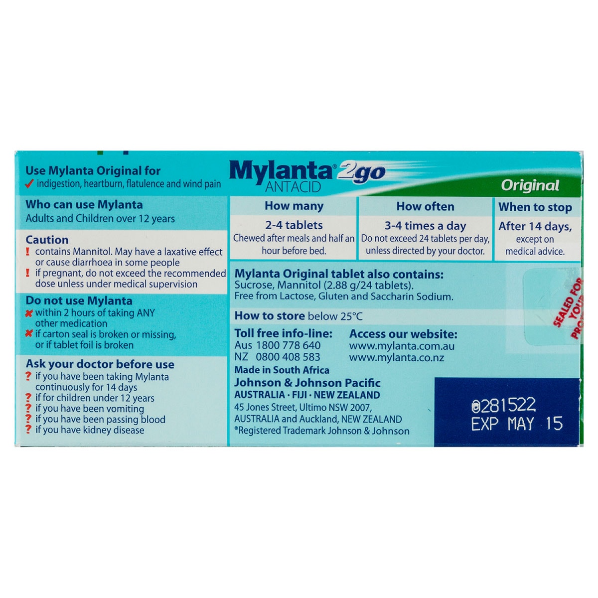 Mylanta 2Go Antacid Original 100 Chewable Tablets