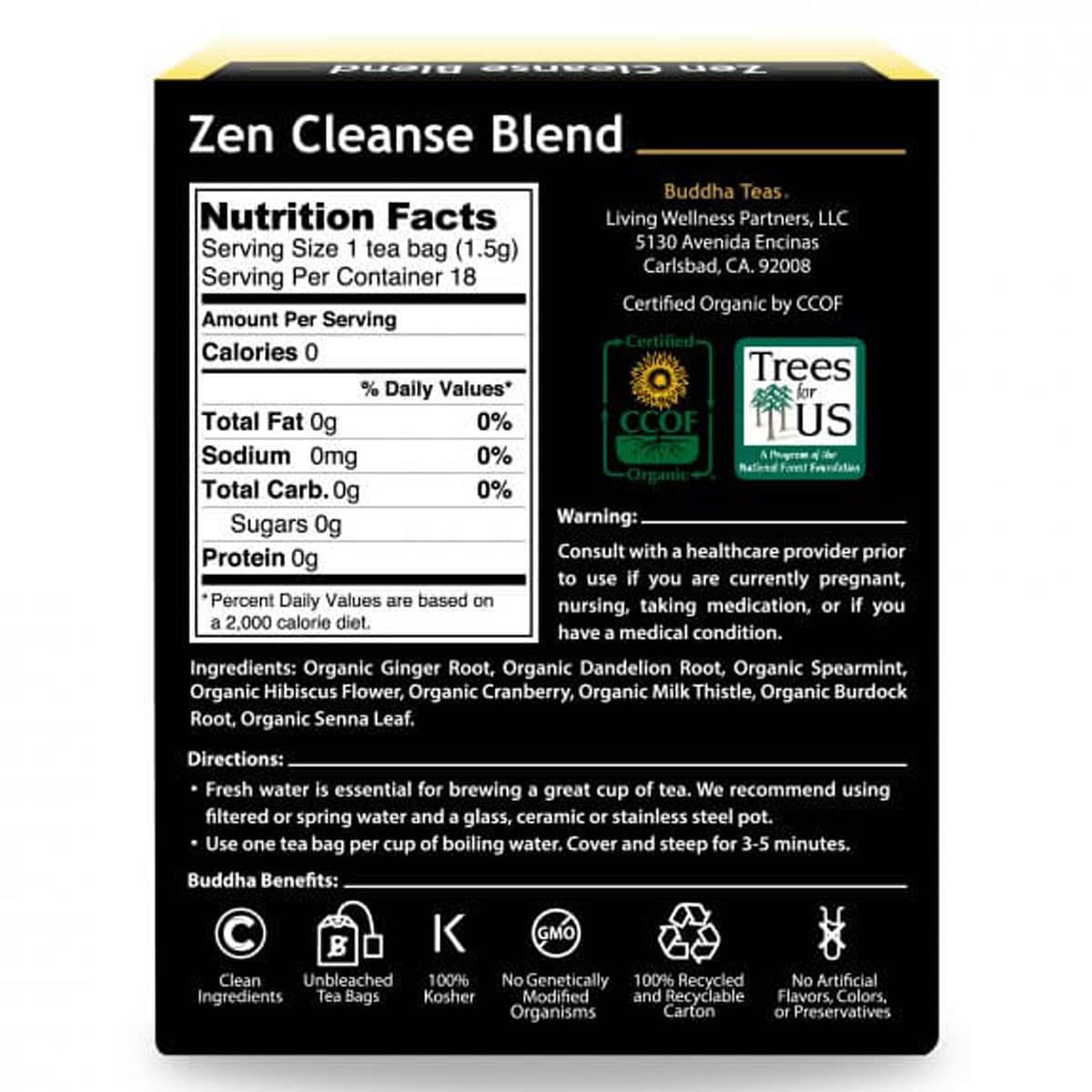 Buddha Teas Organic Herbal Zen Cleanse Blend Tea 18 Pack