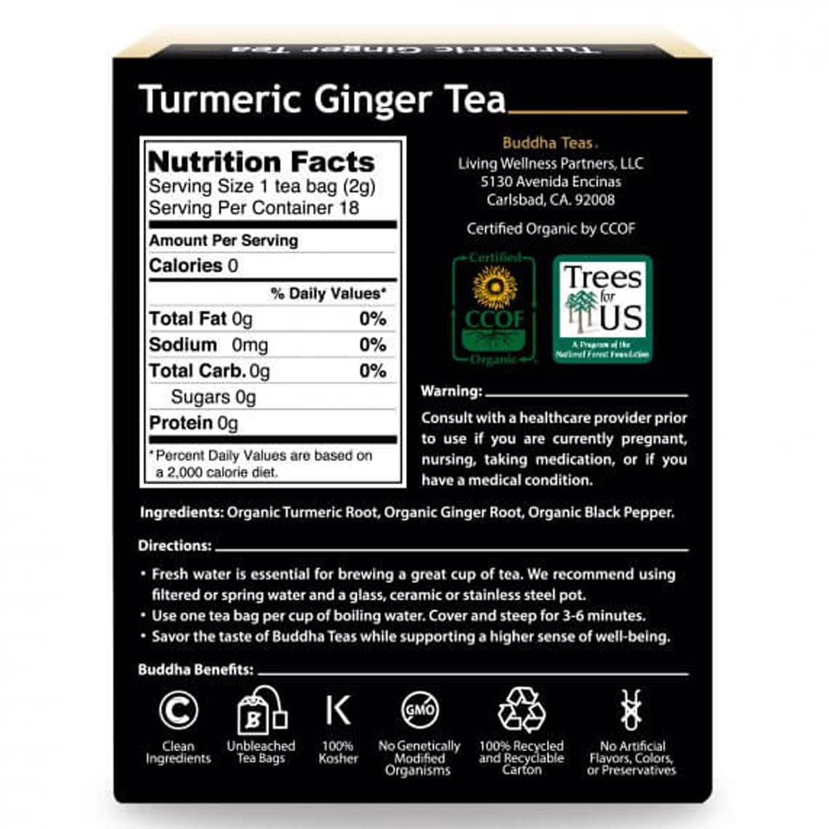 Buddha Teas Organic Herbal Turmeric Ginger Tea 18 Pack