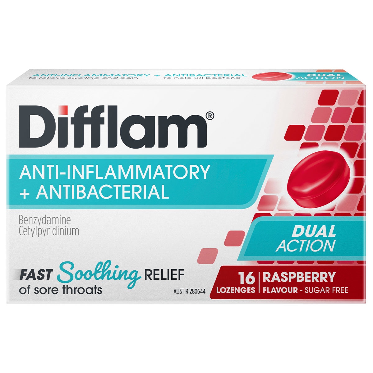 Difflam Sore Throat Lozenges Sugar Free Raspberry 16 Pack