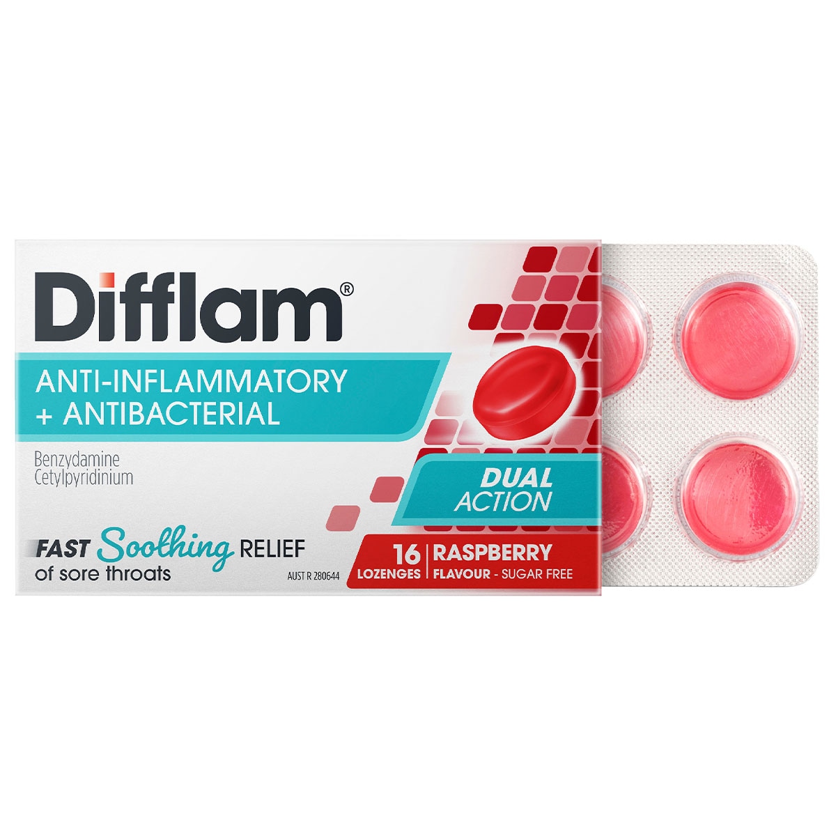 Difflam Sore Throat Lozenges Sugar Free Raspberry 16 Pack