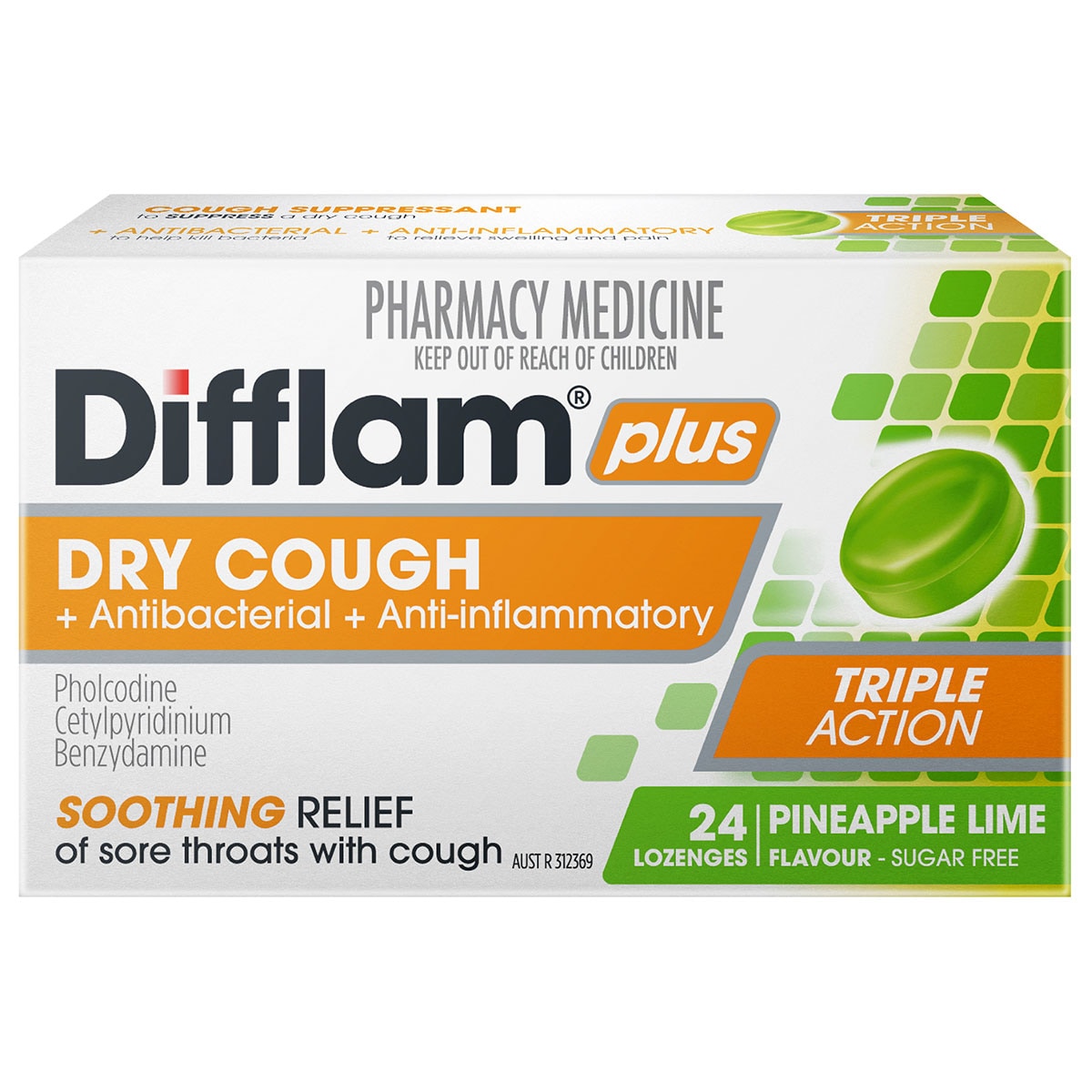 Difflam Plus Sore Throat + Dry Cough Relief Lozenges Pineapple & Lime
