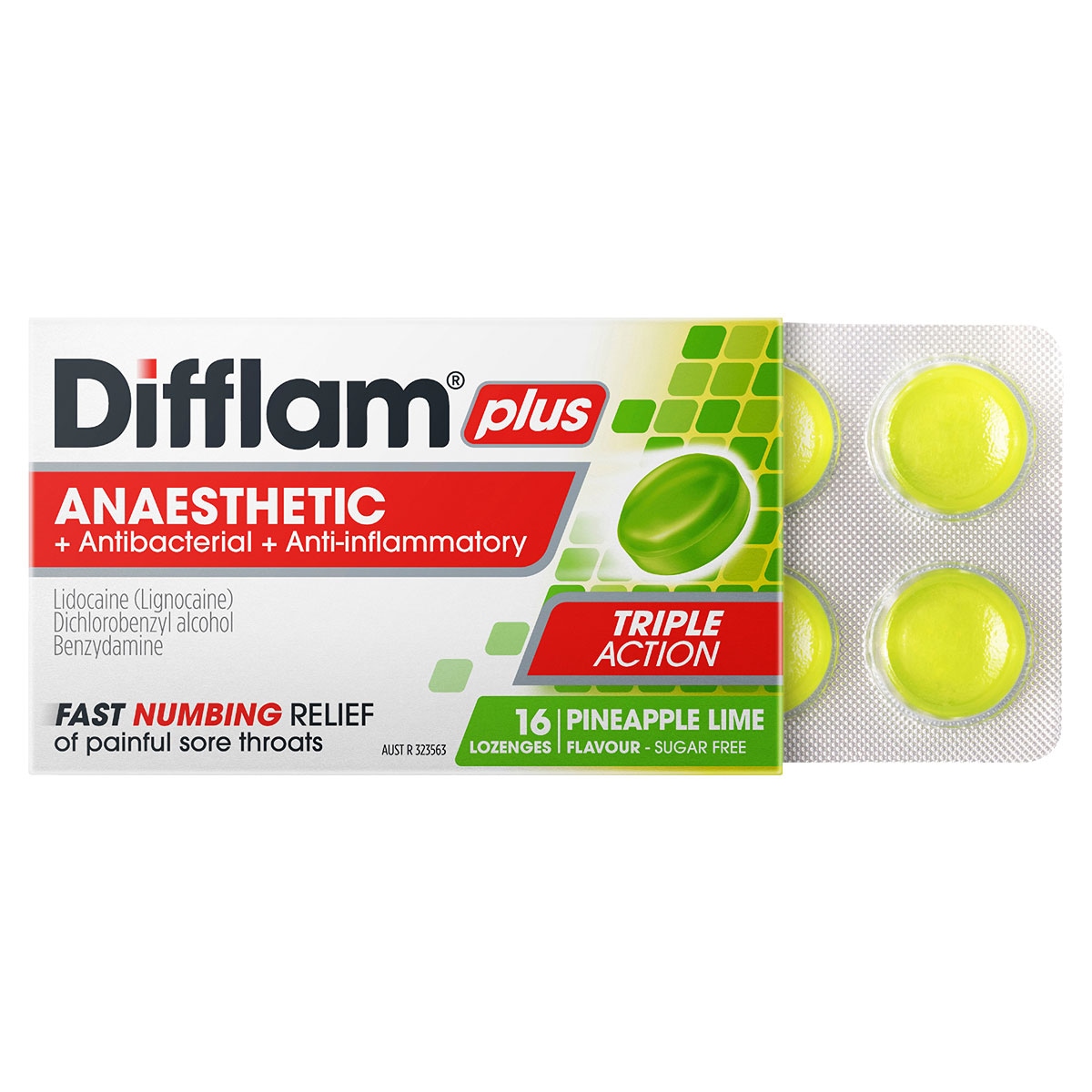 Difflam Plus Anaesthetic Sore Throat Lozenges Pineapple & Lime 16 Pack
