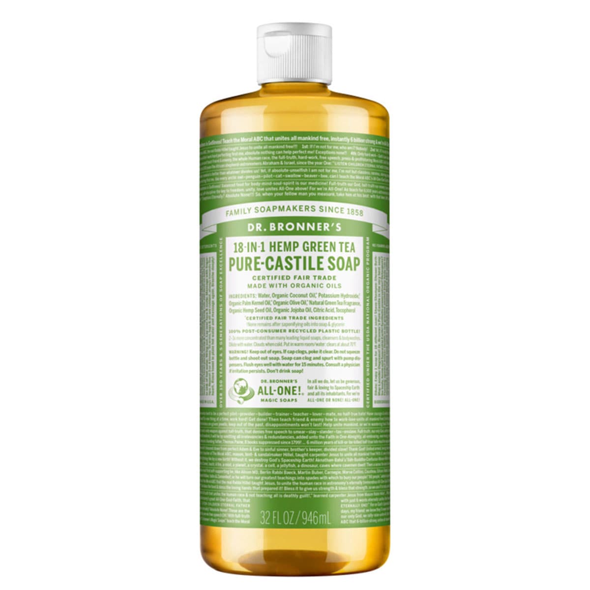 Dr Bronners Pure Castile Liquid Soap Green Tea 946Ml