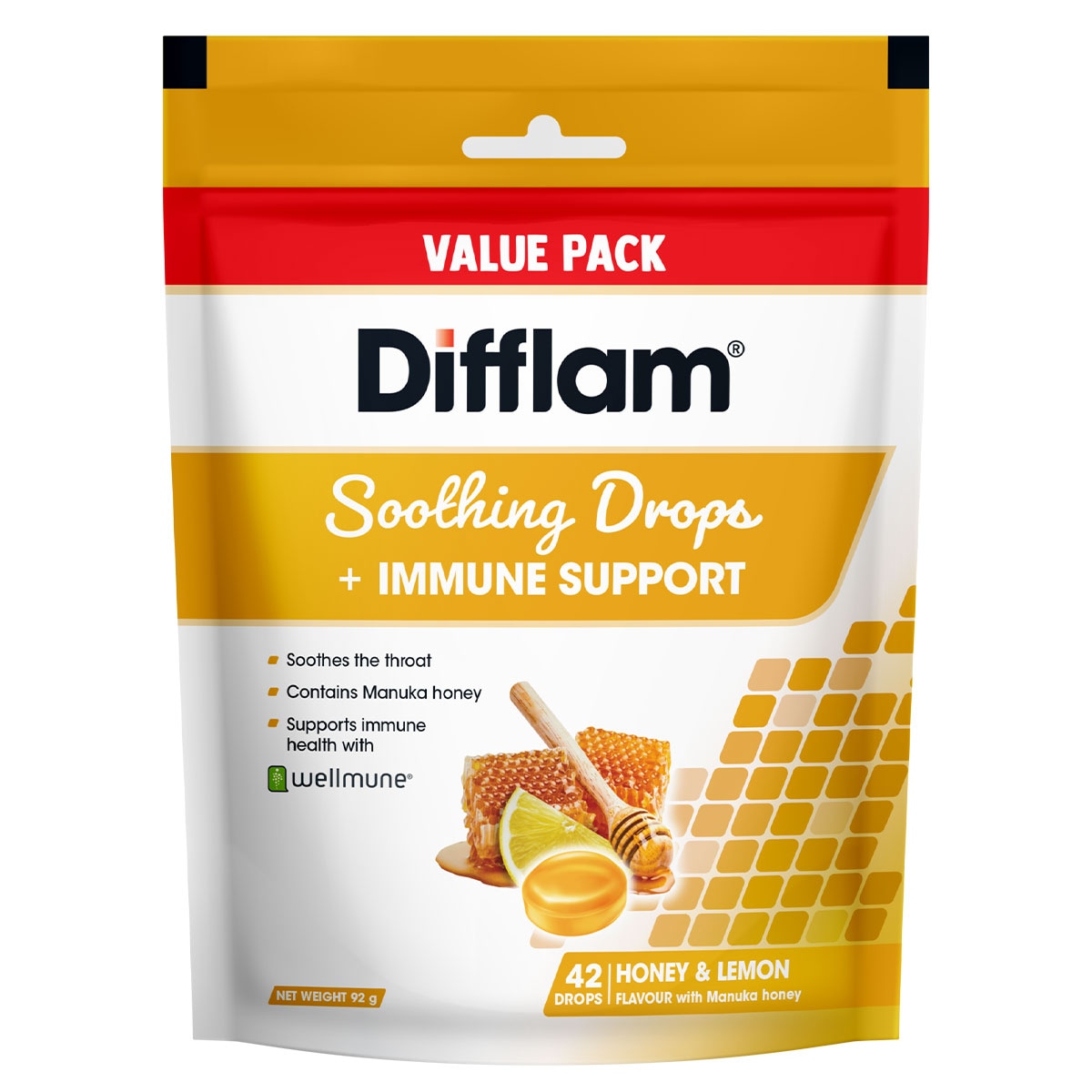 Difflam Soothing Drops + Immune Support Honey & Lemon 42 Pack