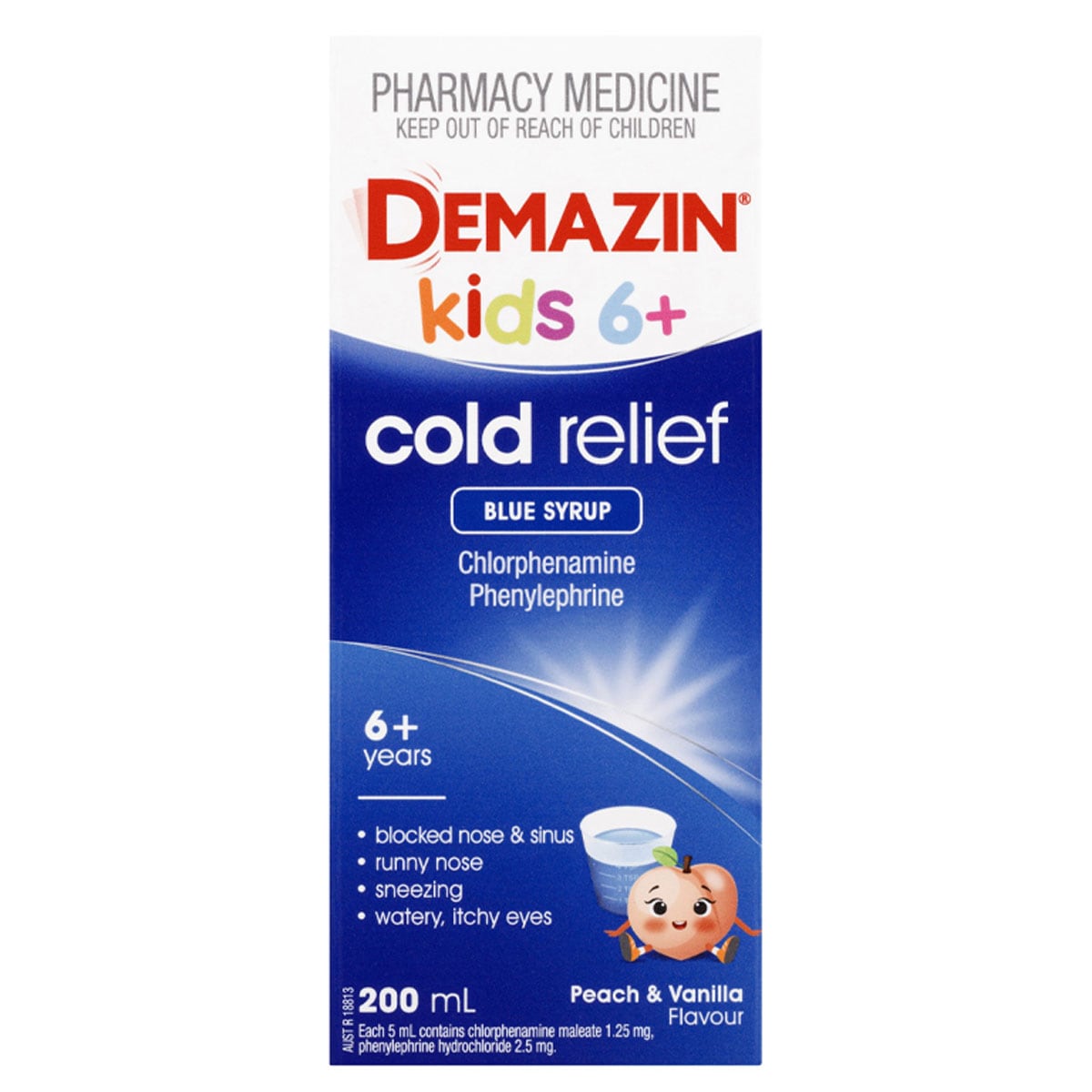 Demazin Kids 6+ Years Cold Relief Blue Syrup Peach & Vanilla 200ml