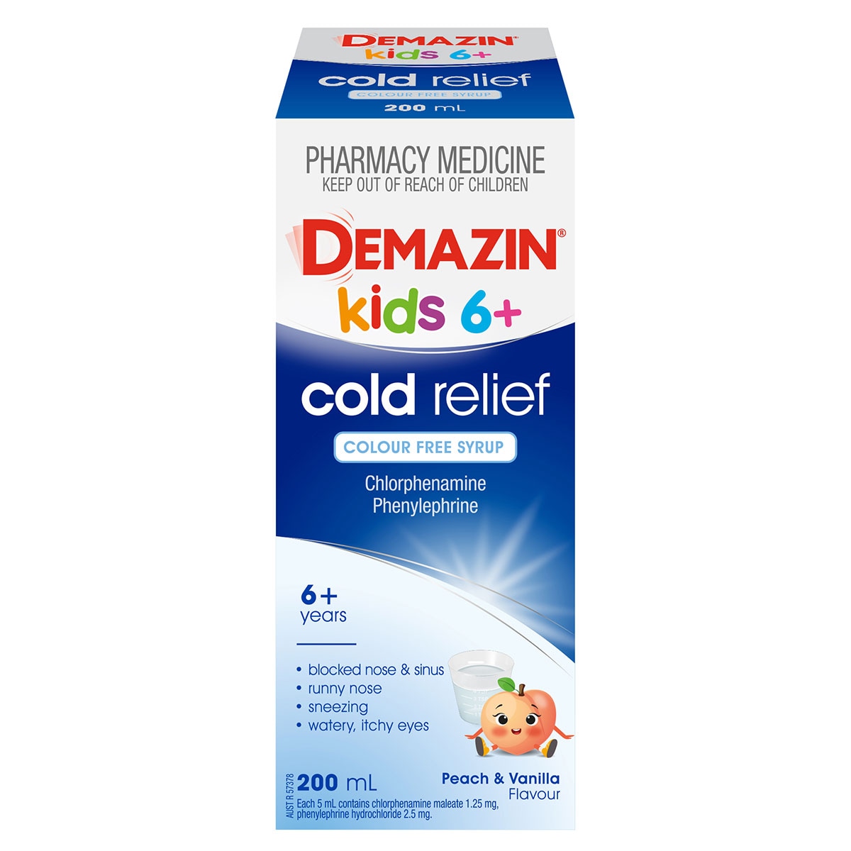 Demazin Kids 6+ Years Cold Relief Colour Free Syrup Peach & Vanilla 200ml