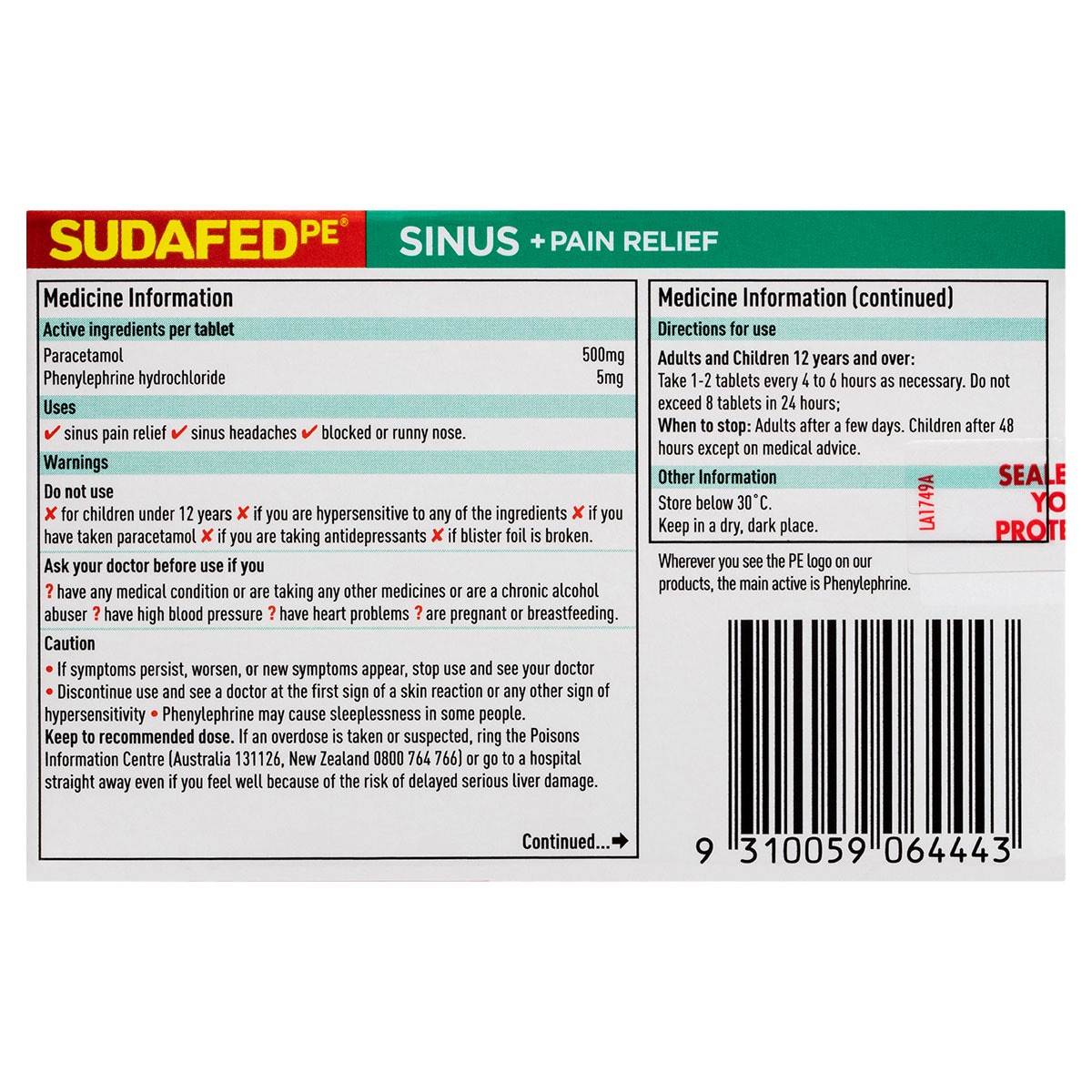 Sudafed PE Sinus + Pain Relief 48 Tablets