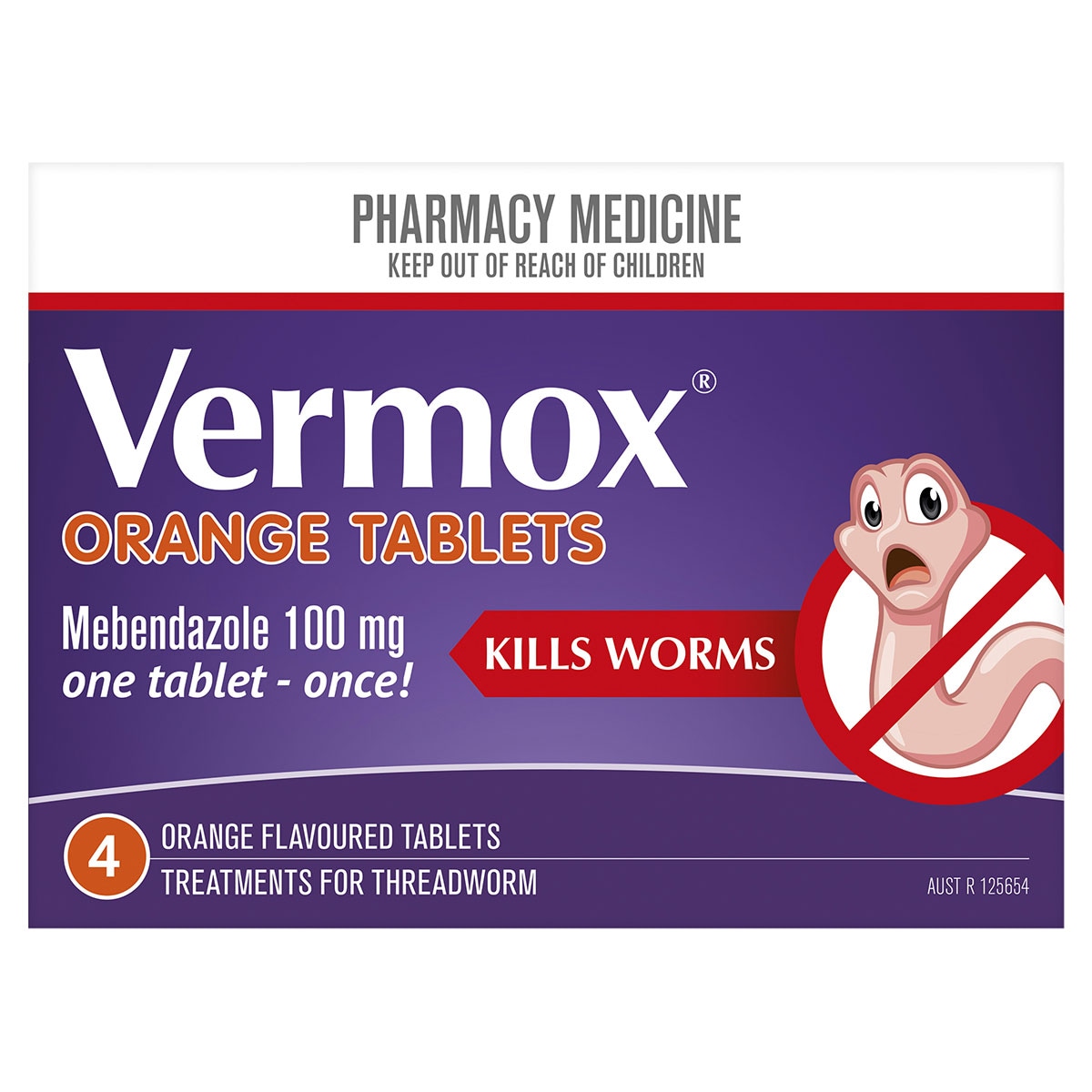 Vermox Worming Treatment 4 Orange Flavoured Tablets