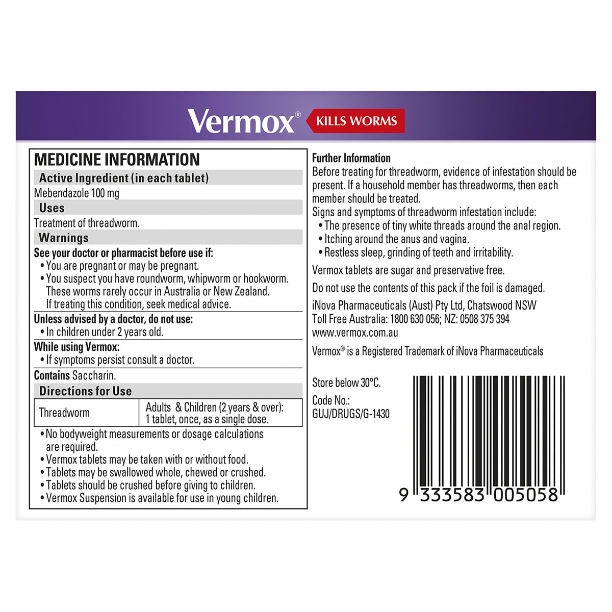 Vermox Worming Treatment 4 Orange Flavoured Tablets