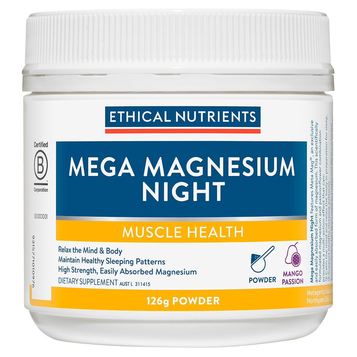 Ethical Nutrients Mega Magnesium Night Mango Passion 126g Powder | Healthylife Australia