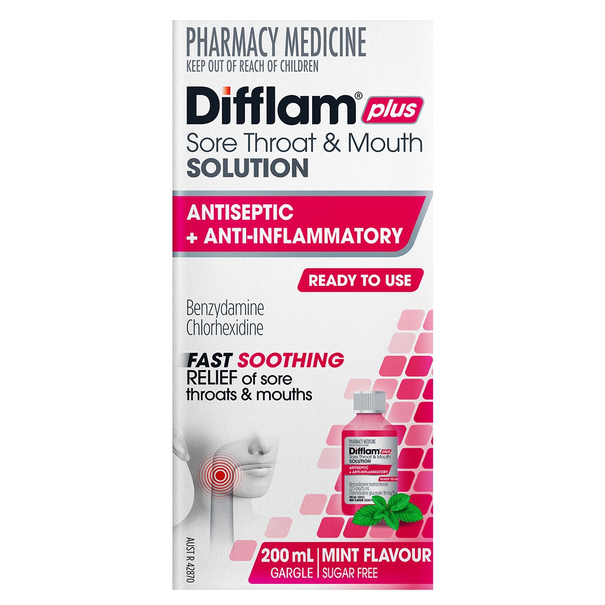 Difflam Plus Sore Throat & Mouth Solution + Antiseptic & Anti-Inflammatory 200ml