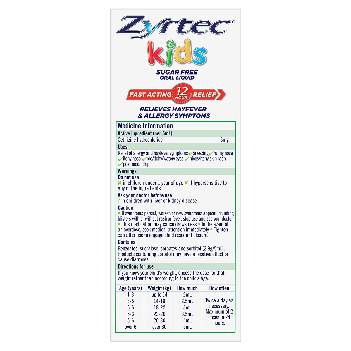 Zyrtec Kids Fast Acting Allergy & Hayfever Relief Oral Liquid Bubblegum 120ml