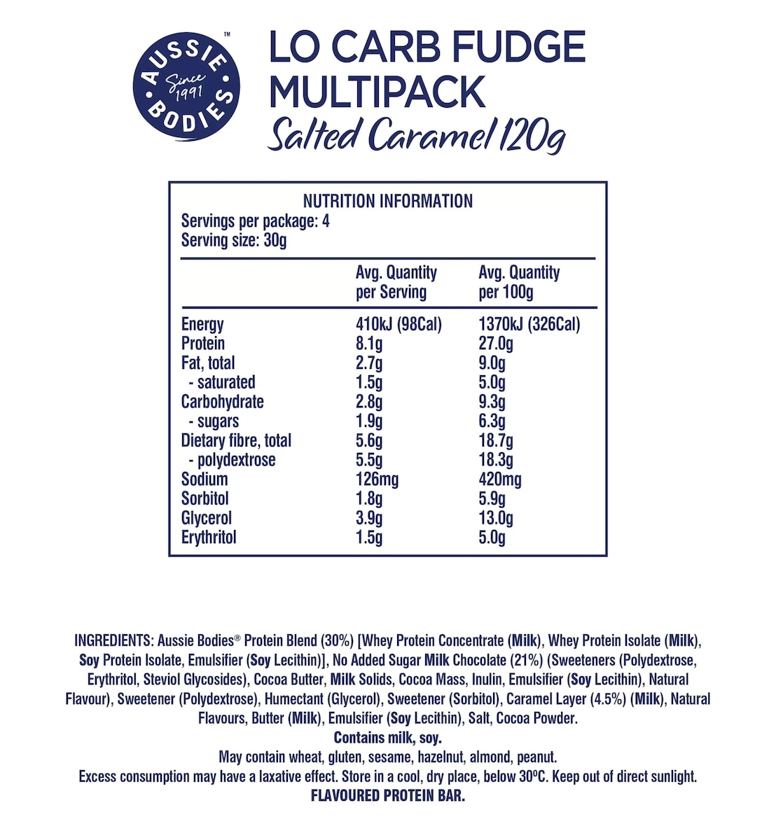 Aussie Bodies Low Carb Salted Caramel Fudge Bars 4 x 30g