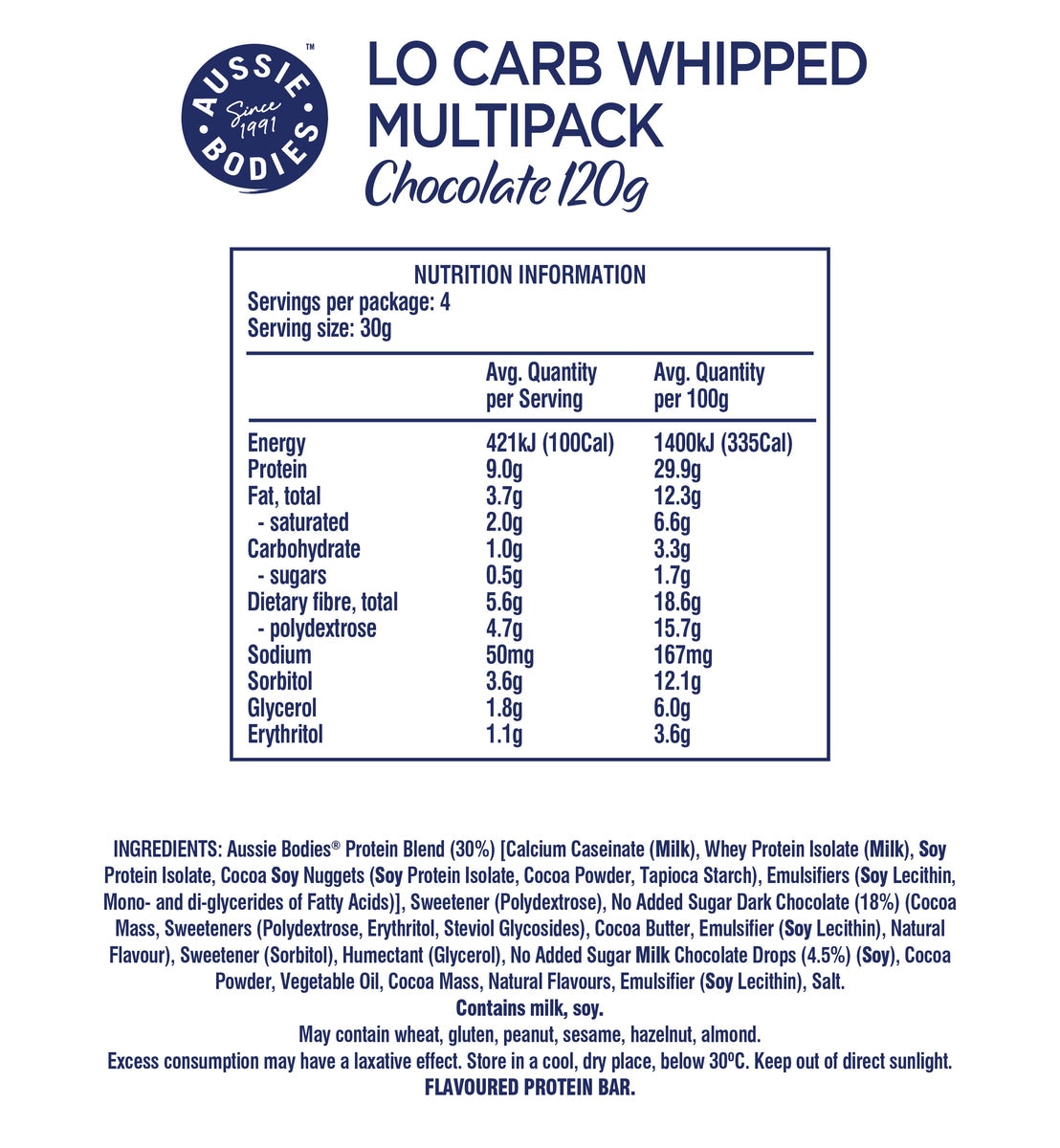Aussie Bodies Lo Carb Whipped Chocolate Bars 4 x 30g
