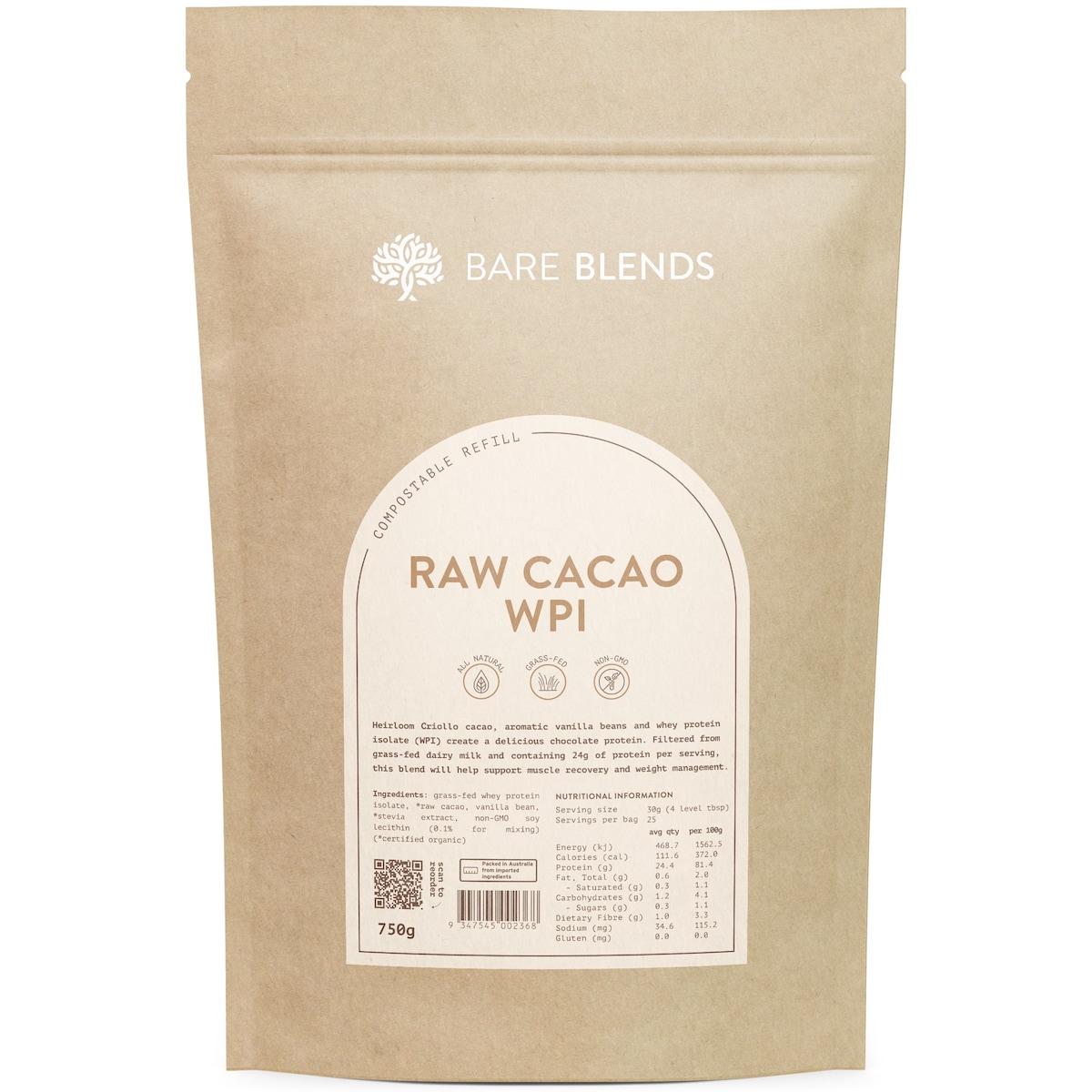 Bare Blends WPI Raw Cacao 750g Australia
