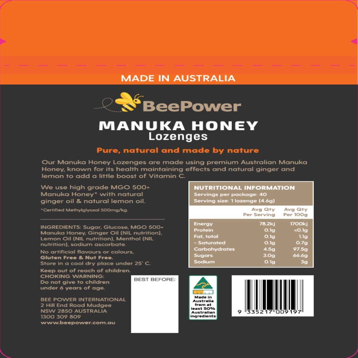 BeePower Manuka Honey Lozenges Ginger & Lemon 40 Pack