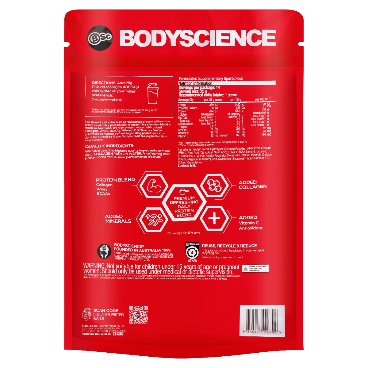BSc Body Science Collagen Protein Water Strawberry Lime 350g