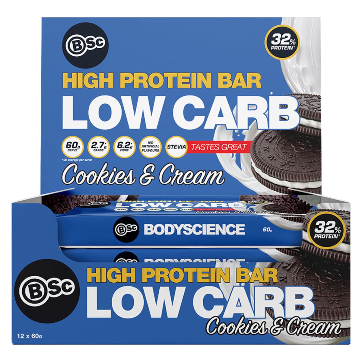 BSc Body Science High Protein Low Carb Bar Cookies & Cream 12 x 60g Australia