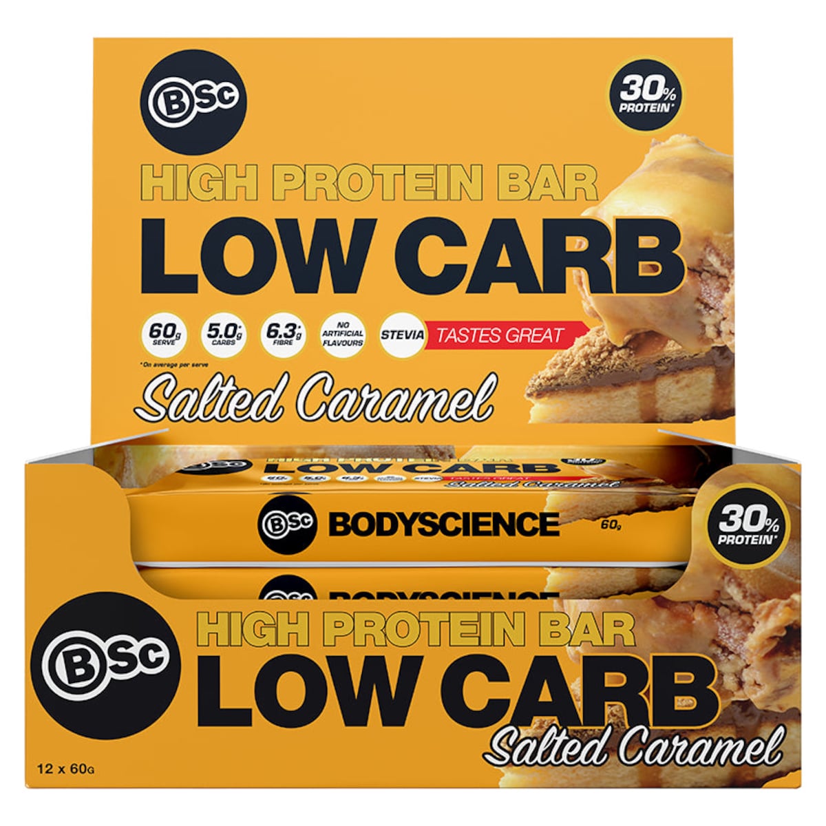 BSc Body Science High Protein Low Carb Bar Salted Caramel 12 x 60g Australia