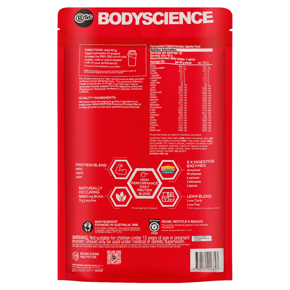 BSc Body Science High Protein Powder Chocolate 800g