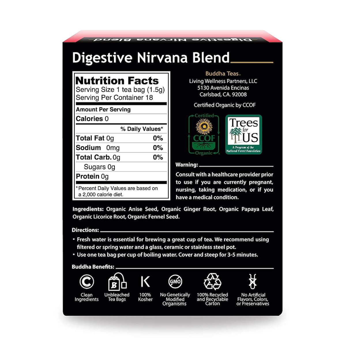 Buddha Teas Organic Herbal Tea Digestive Nirvana Blend 18 Pack