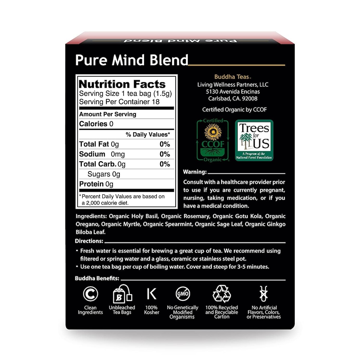 Buddha Teas Organic Herbal Tea Pure Mind Blend 18 Pack