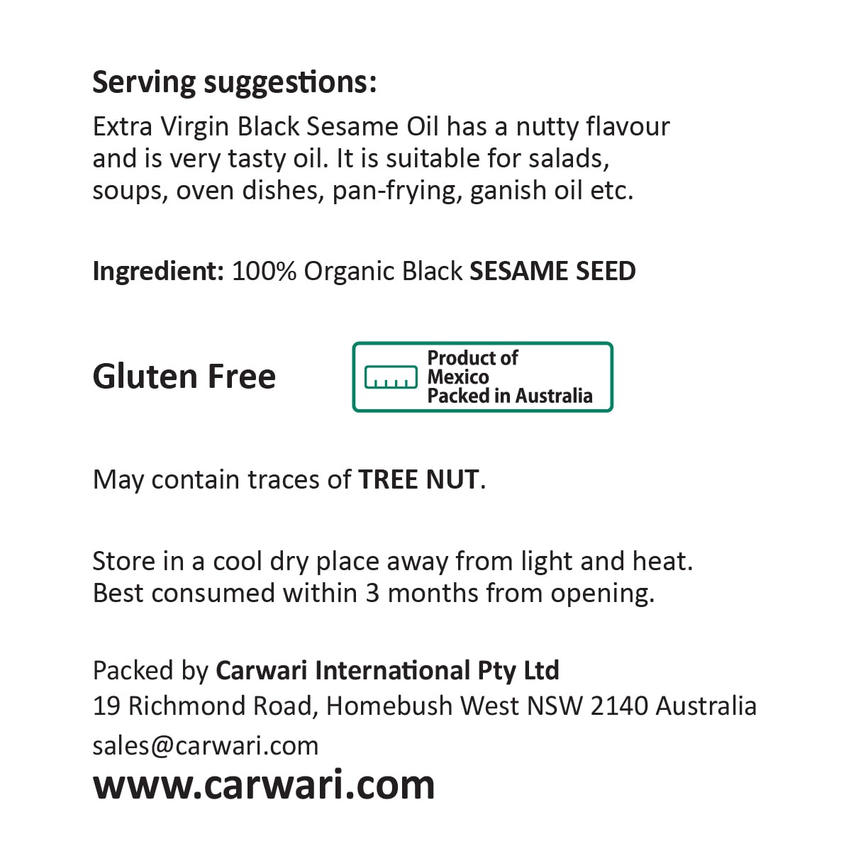 Carwari Organic Black Extra Virgin Sesame Oil 250ml