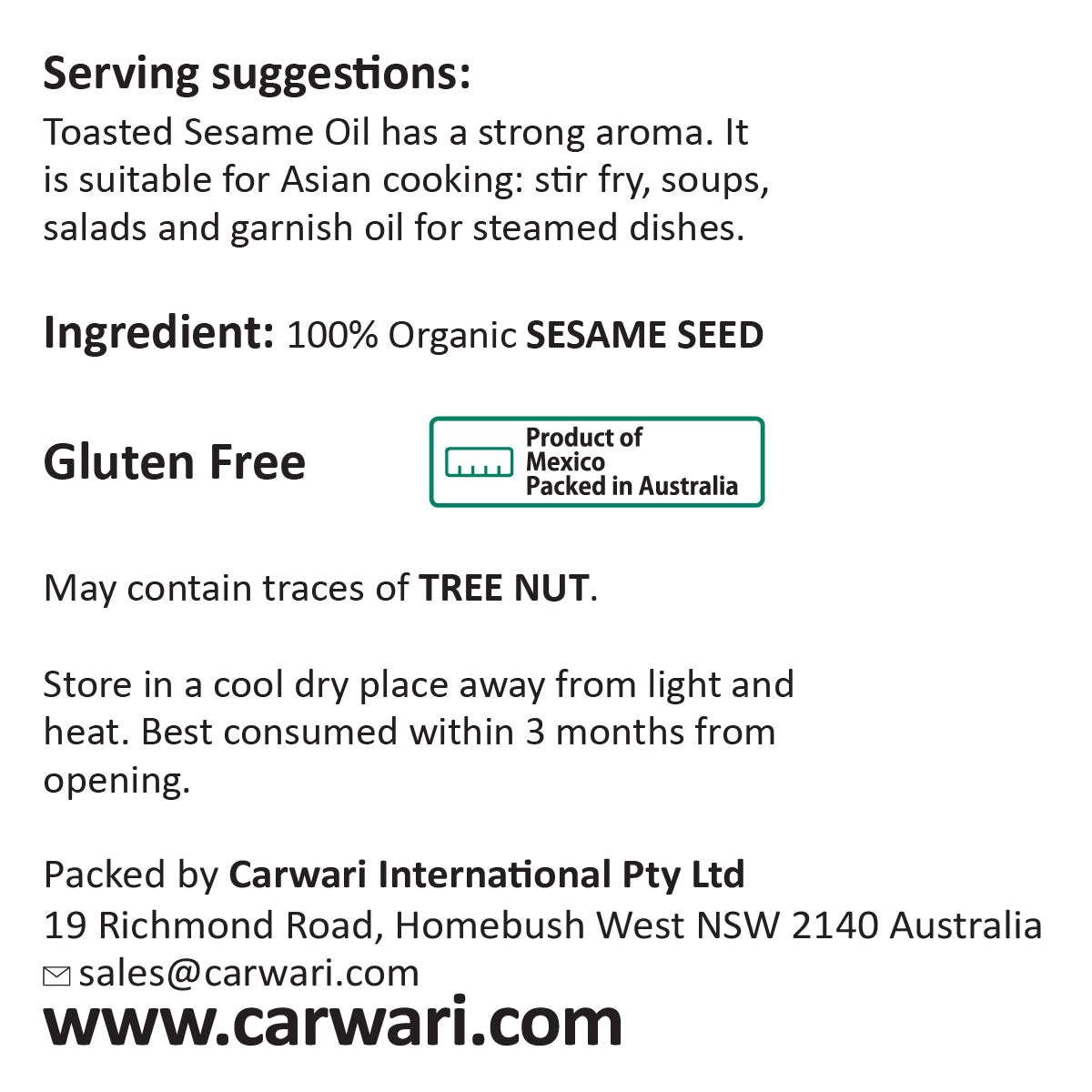 Carwari Organic Cold Pressed Toasted Sesame Oil 250ml