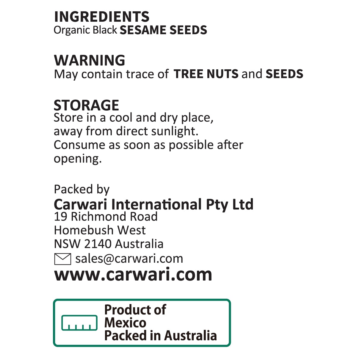 Carwari Organic Sesame Seeds Black Unhulled 200g