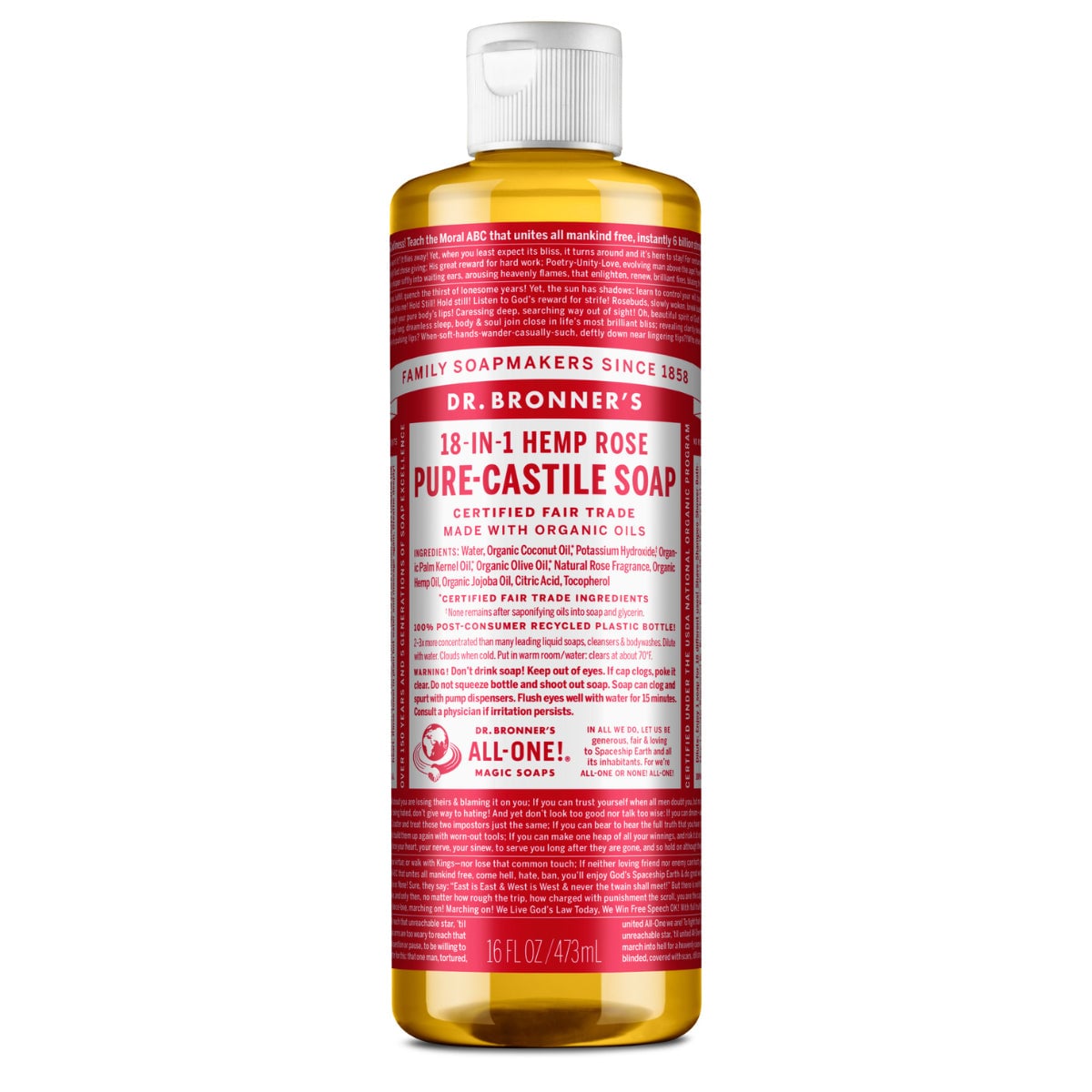 Dr Bronner's Pure Castile Liquid Soap Rose 473ml