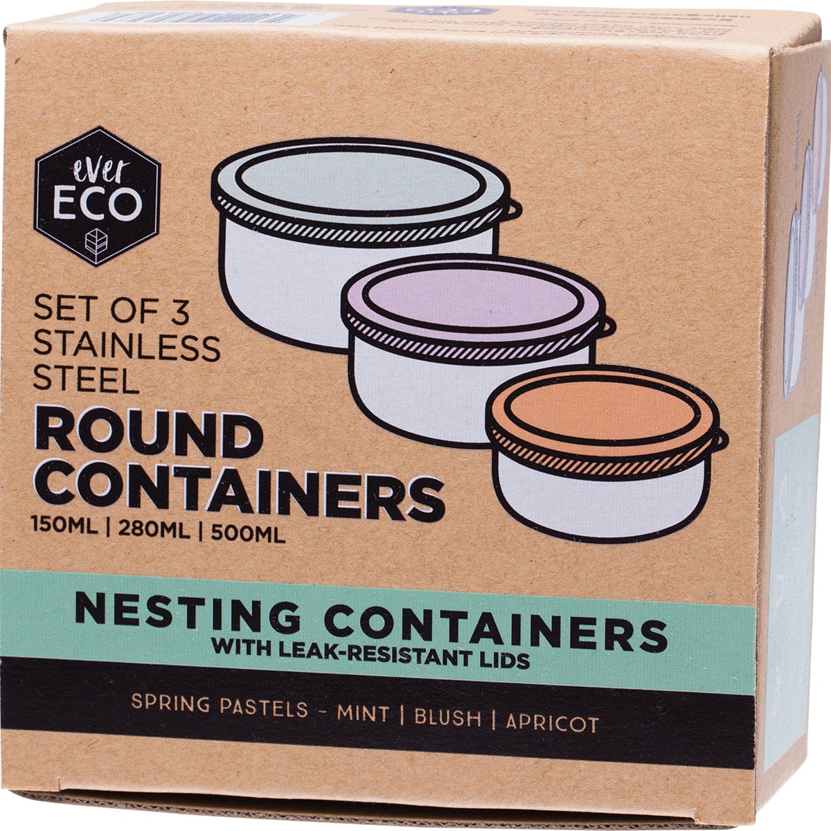 Ever Eco Stainless Steel Round Nesting Containers Pastel Collection 3 Pack