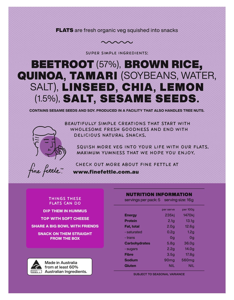 Fine Fettle Foods Organic Beetroot + Lemon Baked Flats 80g