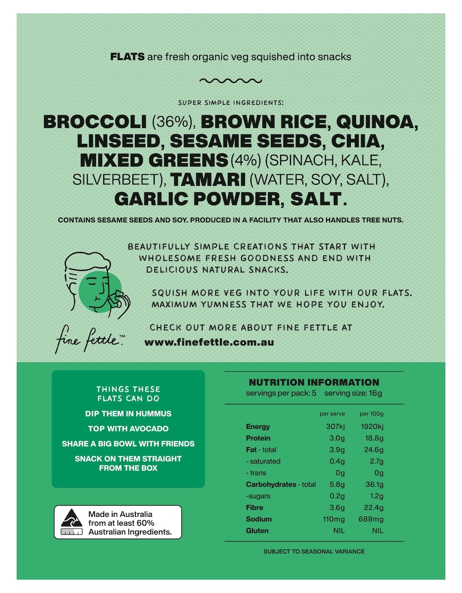 Fine Fettle Foods Organic Broccoli + Greens Baked Flats 80g