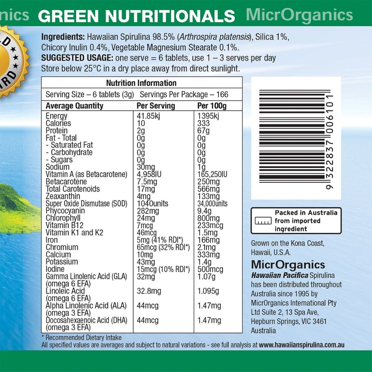 Green Nutritionals Hawaiian Pacifica Spirulina 1000 Tablets
