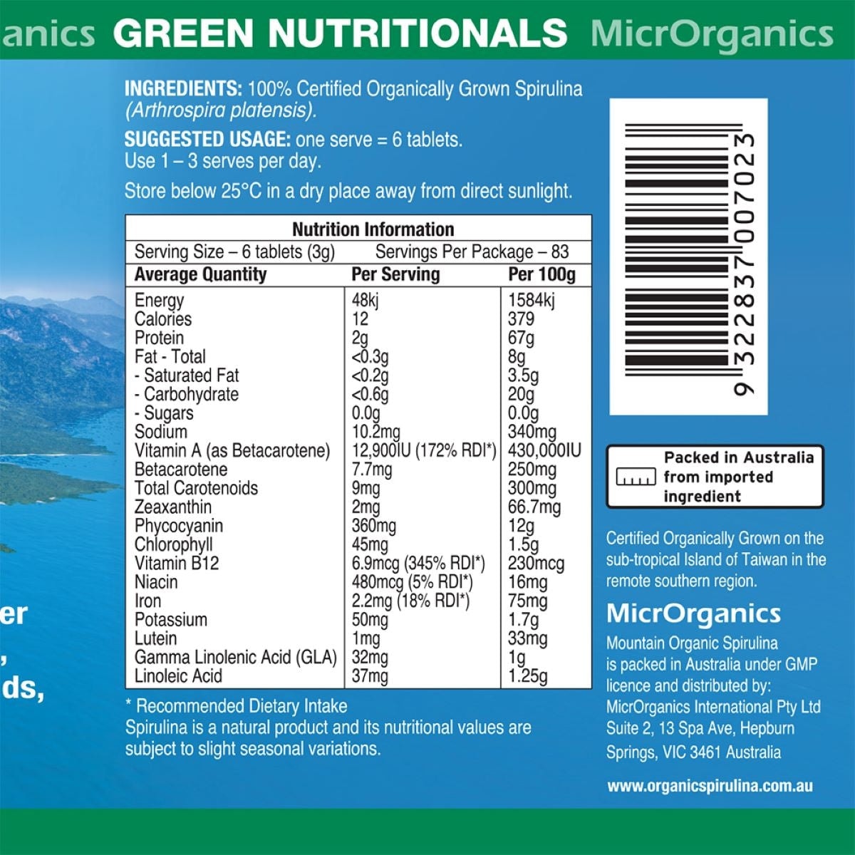 Green Nutritionals Mountain Organic Spirulina 500 Tablets