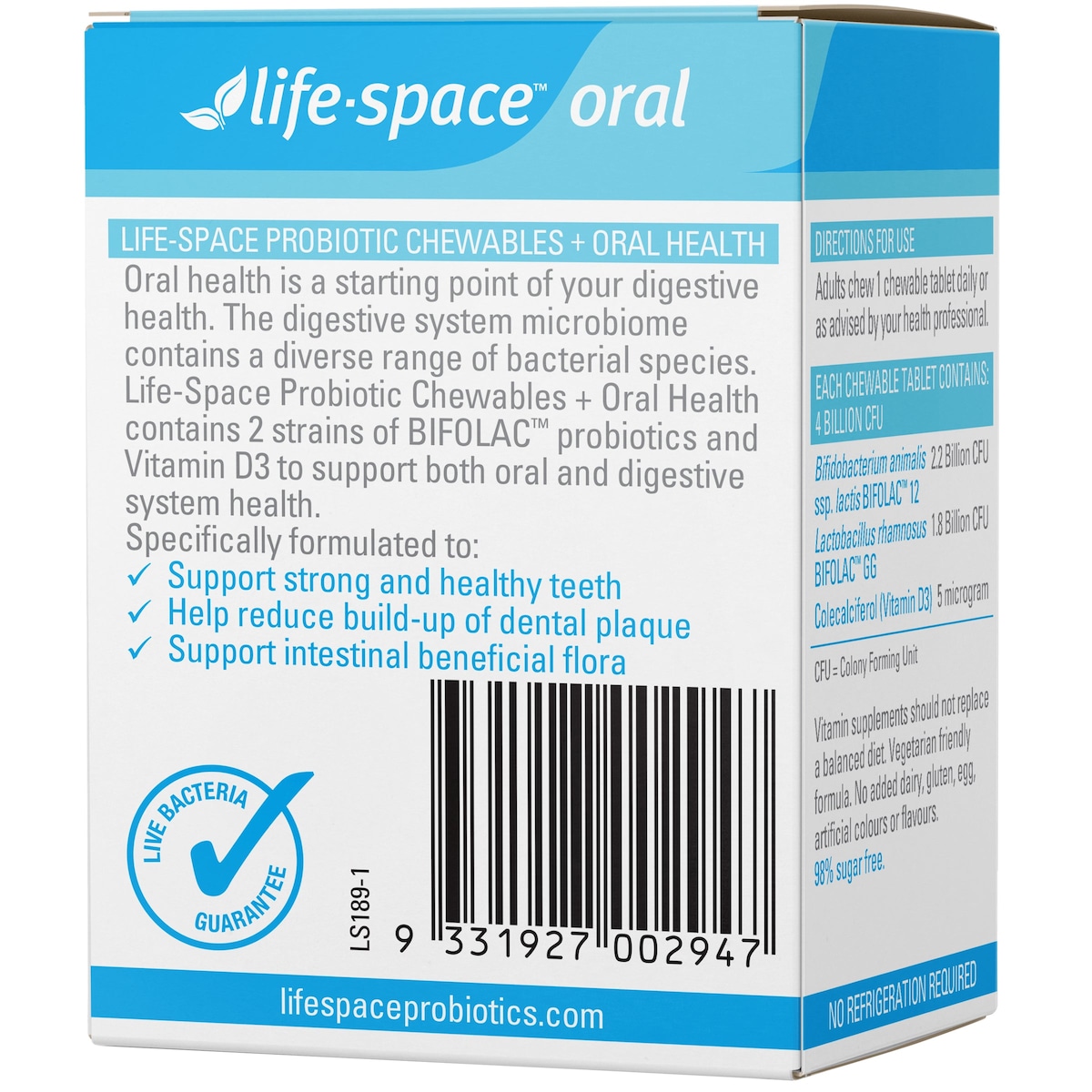Life-Space Probiotic Chewables + Oral Health Lemon 30 Chewable Tablets