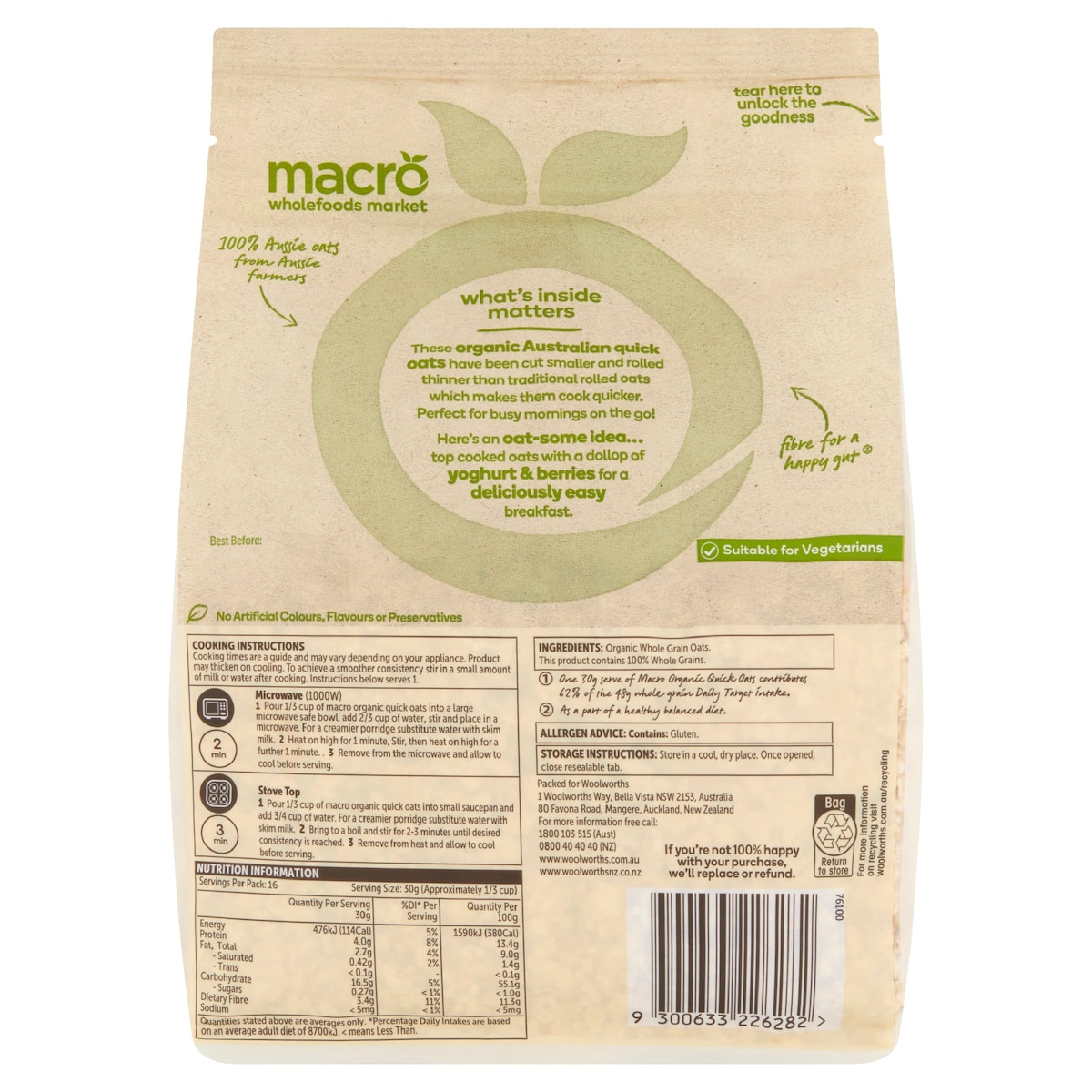 Macro Organic Australian Quick Oats 500g