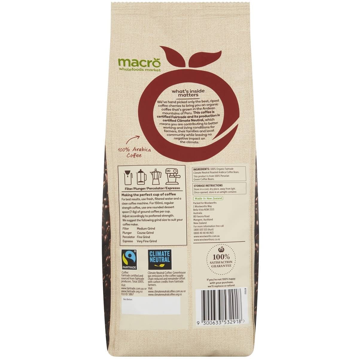 Macro Organic Dark Coffee Beans 1Kg