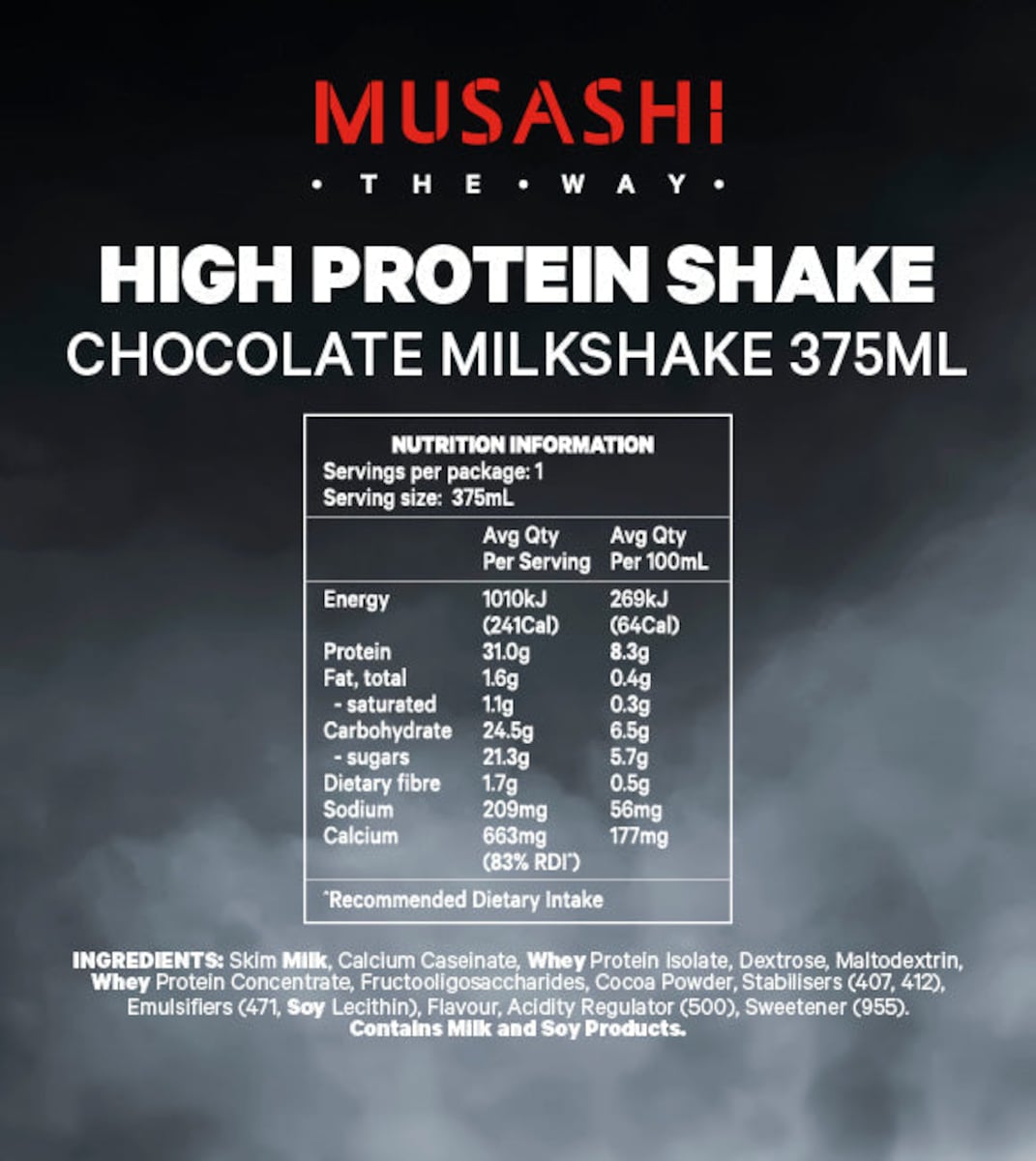 Musashi High Protein Shake Chocolate 6 x 375ml