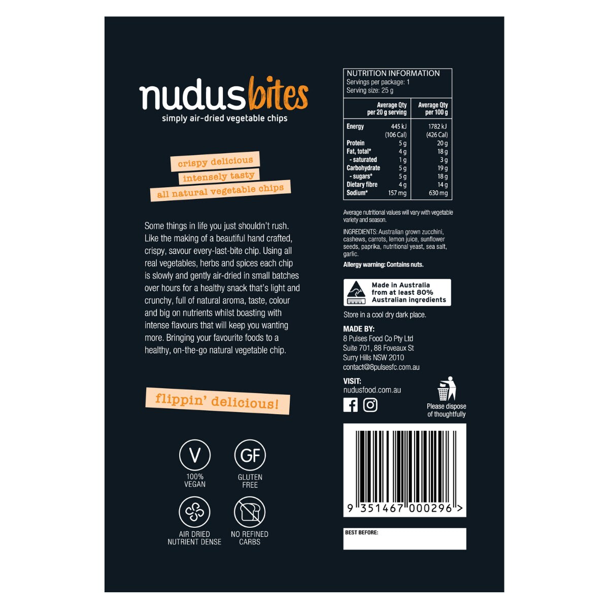 Nudus Bites AirDried Zucchini Cheeky Cheesy Vegan Chips 25g