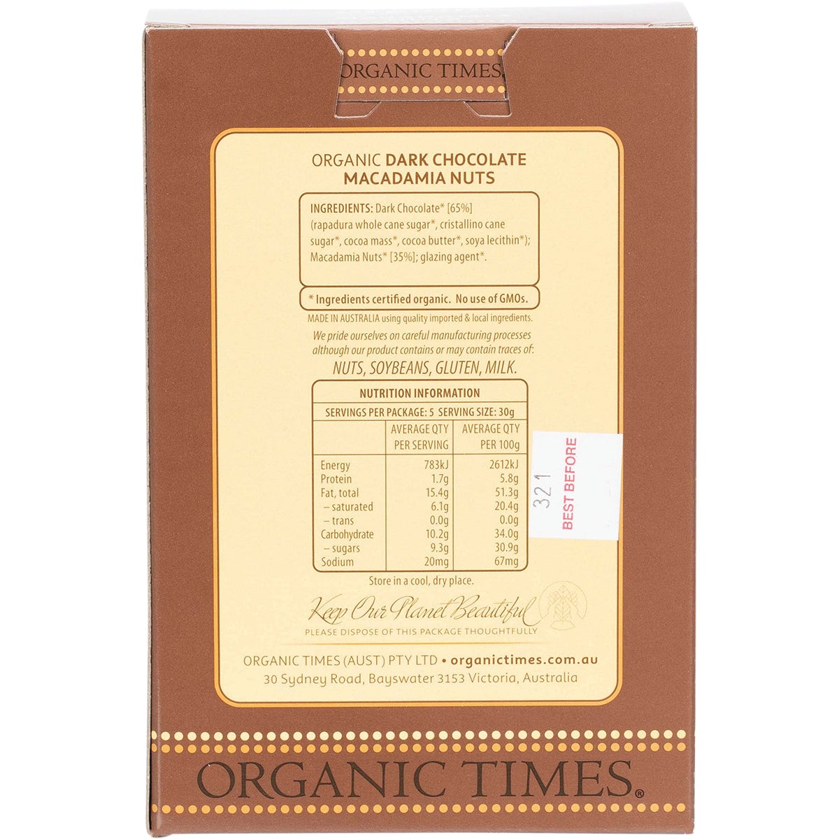 Organic Times Dark Chocolate Macadamia Nuts 150g