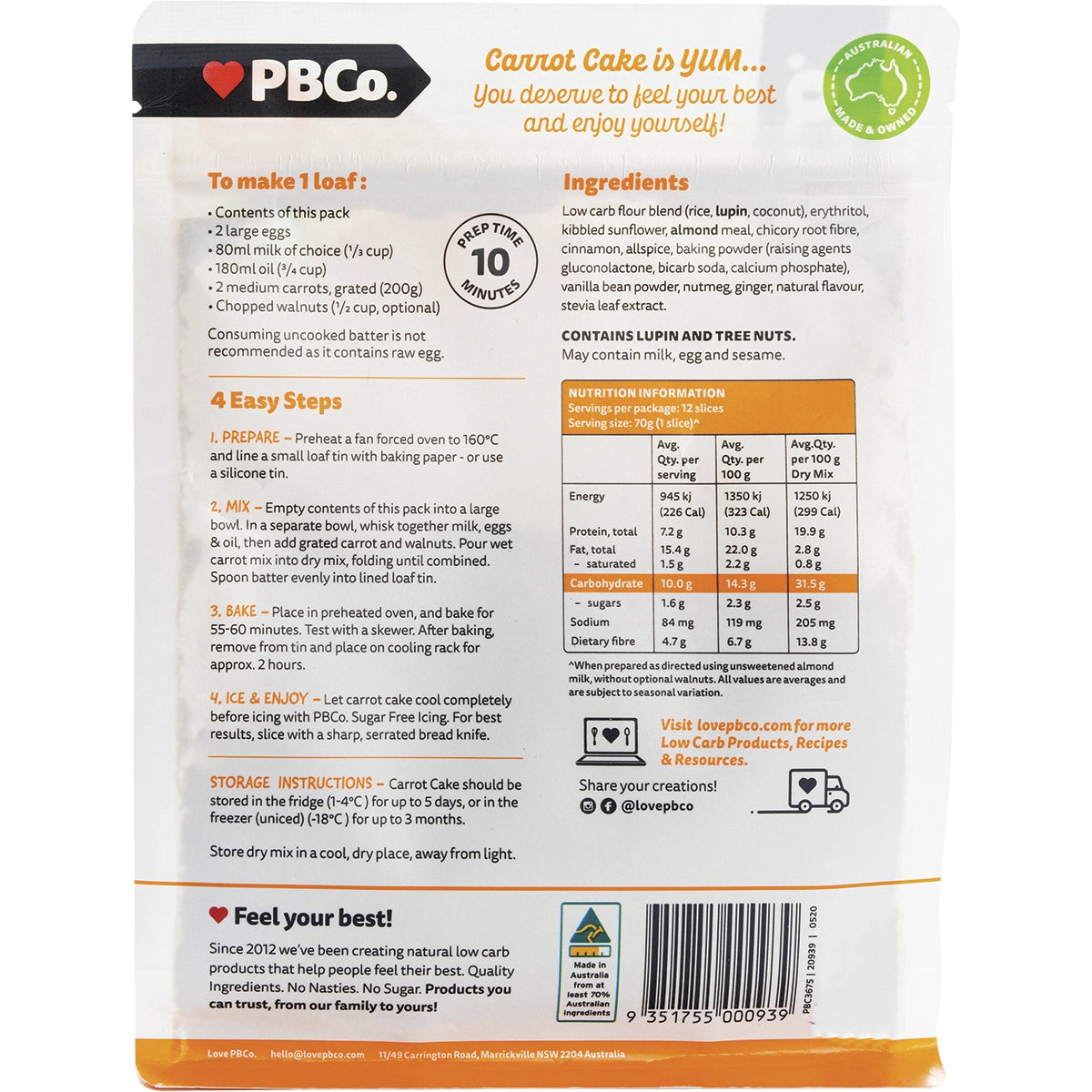 Pbco. Low Carb Carrot Cake Mix 350g